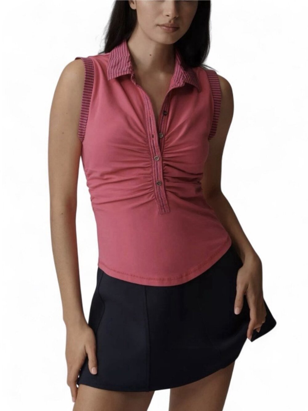 NWT Pilcro Varsity Polo Tank Top Anthropologie Ruched Sleeveless Collar Pink, L
